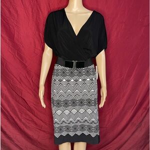 London Style Black and White Faux Wrap Belted Dress Size 16